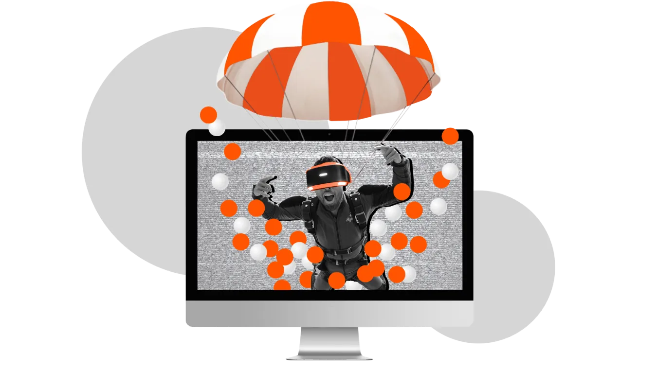 Чоловік в vr-окулярах вилітає на парашуті з екрану компʼютера. Навколо нього помаранчеві та білі кульки. На фоні знаходяться сірі круги.